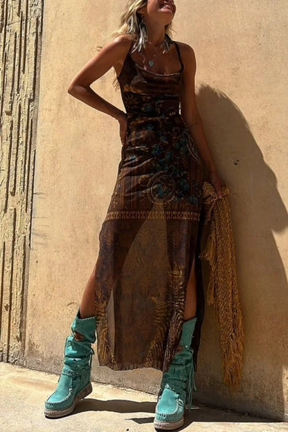 JO | Gypsy Style Unique Print Cowl Neck Back Lace Up Slit Midi Dress