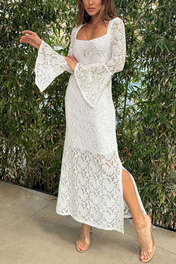 JO | Luxe Lifestyle Lace Square Neckline Bell Sleeves Lined Slit Midi Dress