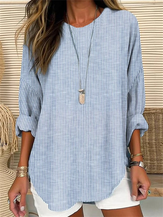 JO | Ladies retro striped loose fit long sleeve shirt with round neckline