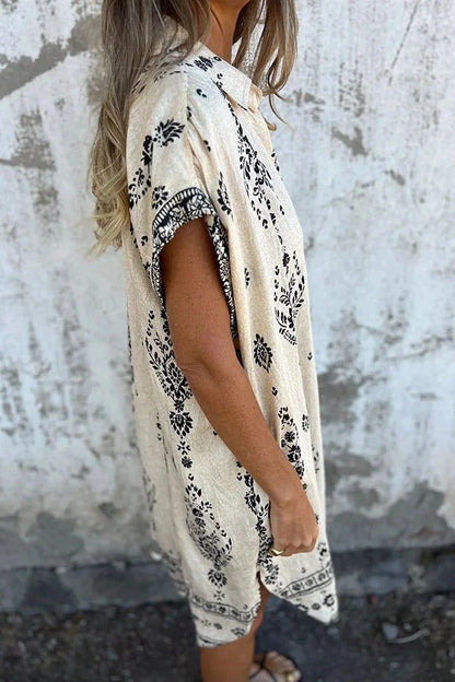 JO | Linen Blend Unique Print Lapel Casual Pocket Mini Dress