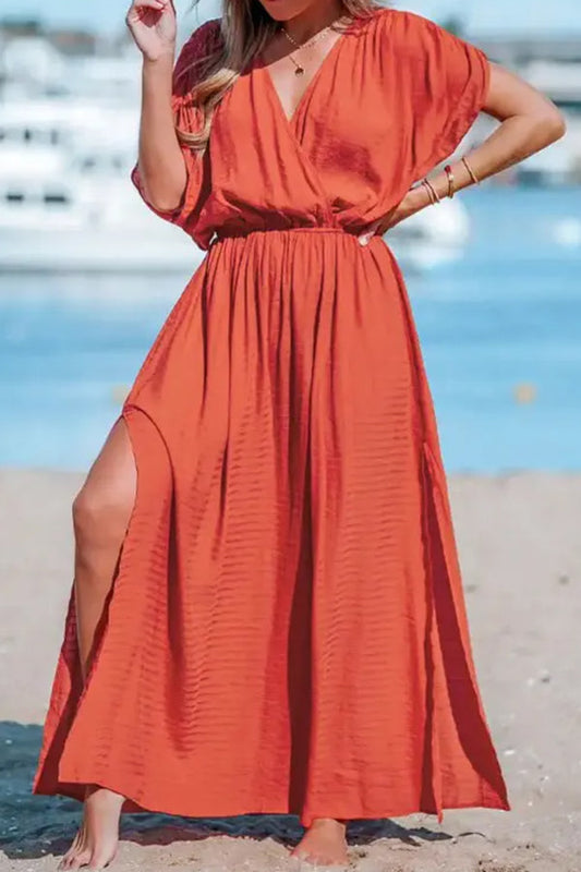 JO | Overcut neckline Split hem Gathered maxi dress