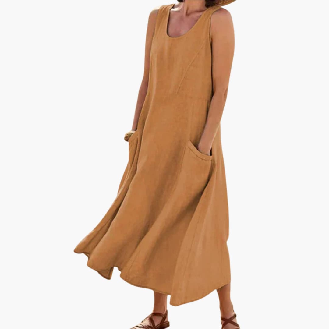 JO | Women's linen sleeveless midi dress with round neckline and pockets