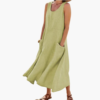 JO | Women's linen sleeveless midi dress with round neckline and pockets