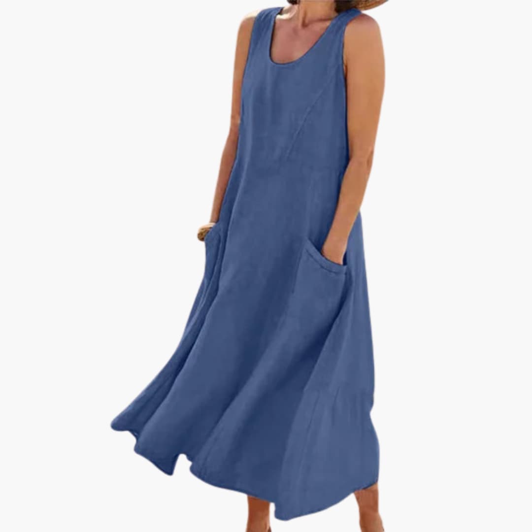 JO | Women's linen sleeveless midi dress with round neckline and pockets
