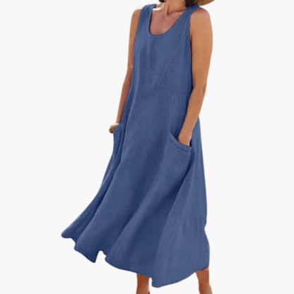 JO | Women's linen sleeveless midi dress with round neckline and pockets