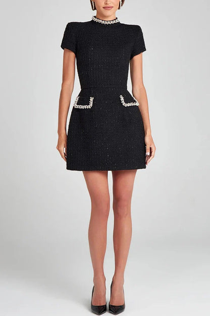 JO | Exquisite and playful tweed fabric beaded short sleeve pocketed mini dress