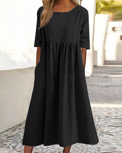 JO | Beach Short Sleeve Round Neck Ruffle Swing Casual Boho Midi Dress with Pockets