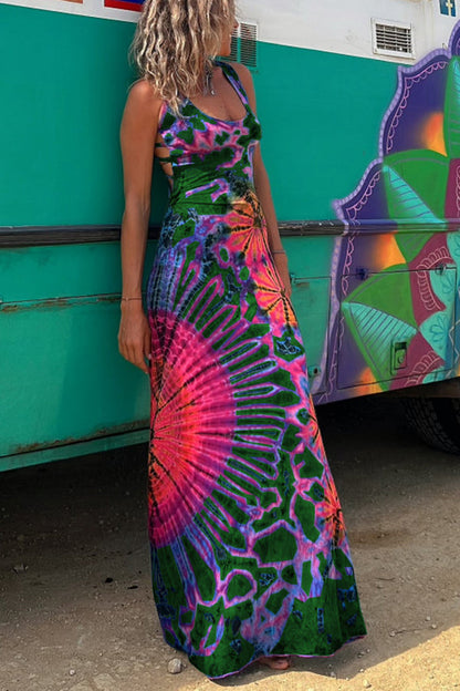 JO | La Bamba tie-dye print back lace-up stretch maxi dress