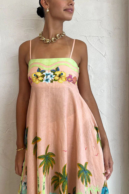 JO | Coconut Scenery Linen Blend Tropical Print Smocked Back Midi Dress
