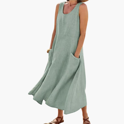 JO | Women's linen sleeveless midi dress with round neckline and pockets