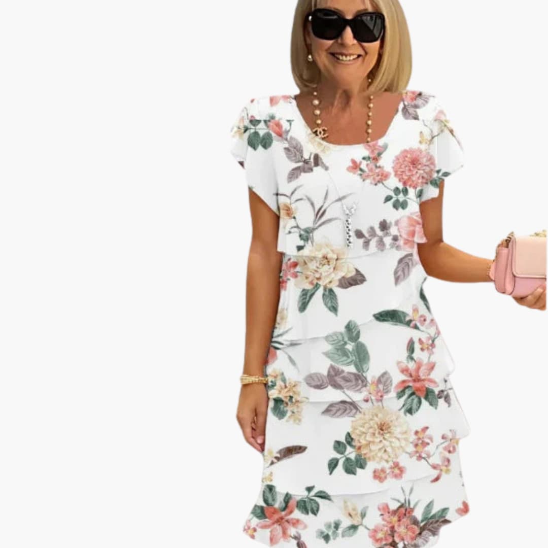 JO | Women's floral midi dress with short sleeves and tiered layers