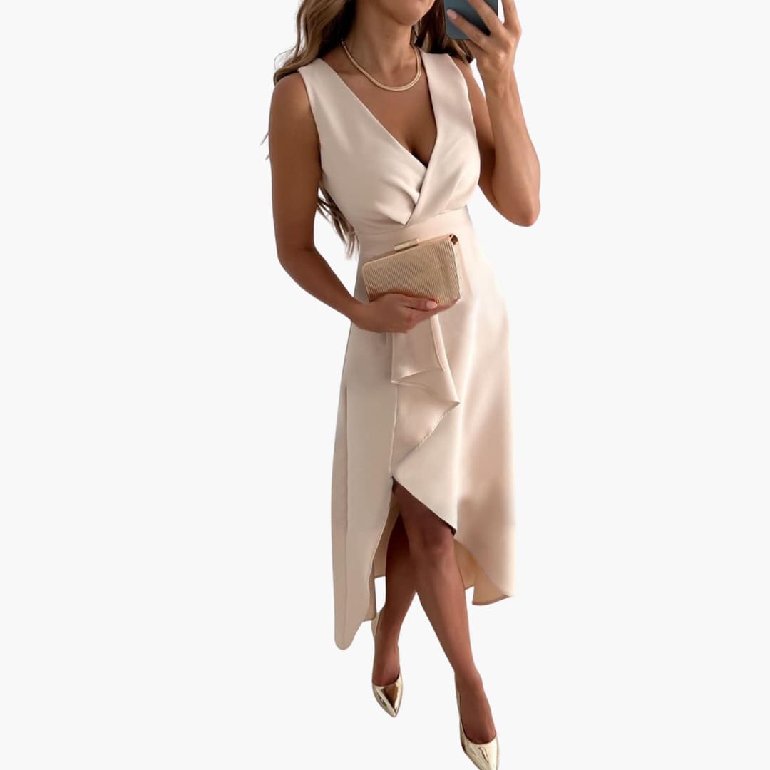 JO | Women's sleeveless midi dress with V-neck and high-low hem