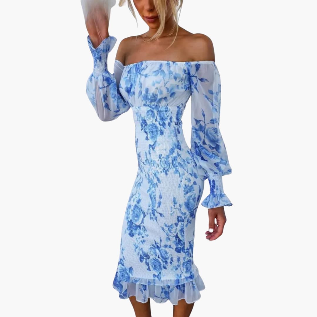 JO | Summery midi dress for women with floral print and sheer sleeves