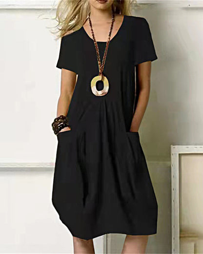 JO | Casual loose sundress Midi dress Short sleeve beach dress with pockets