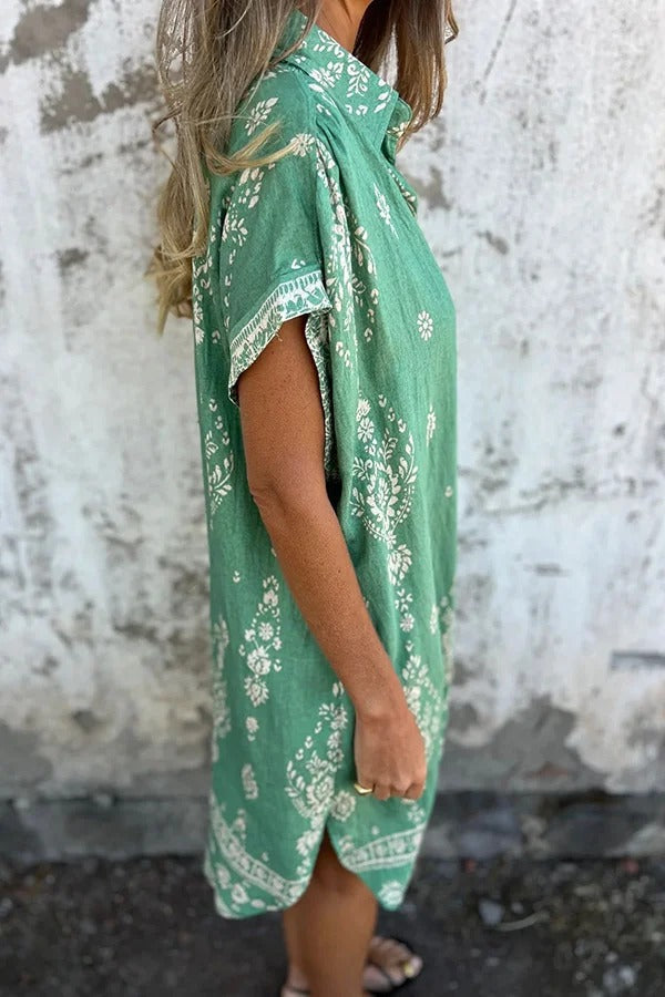 JO | Linen Blend Unique Print Lapel Casual Pocket Mini Dress
