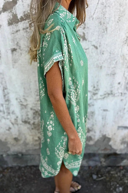 JO | Linen Blend Unique Print Lapel Casual Pocket Mini Dress