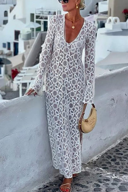 JO | Santorini Sunset Floral Lace Long Sleeve Slit Vacation Maxi Dress