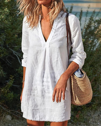JO | Button Down Knee Length Midi Dress V-Neck Split Casual Long Sleeve Dress