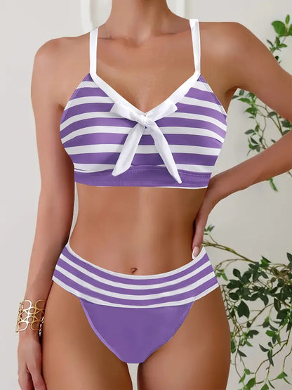 JO | Sexy striped print bow knot V-neck bikini