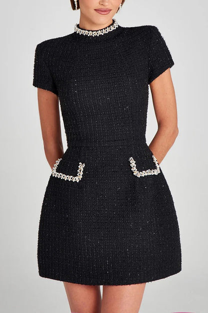 JO | Exquisite and playful tweed fabric beaded short sleeve pocketed mini dress