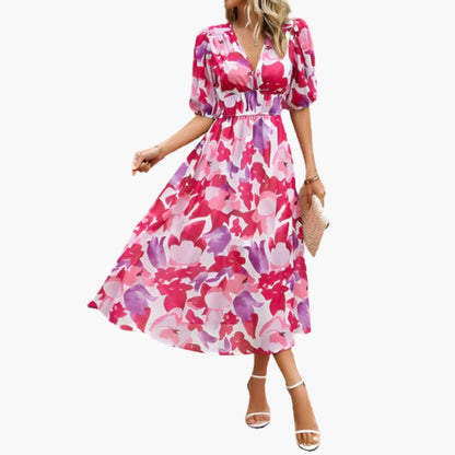 JO | Summery midi dress for women with floral print and lantern sleeves