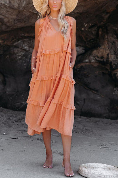 JO | COTTON BLEND, TIERED MIDI DRESS WITH POCKETS