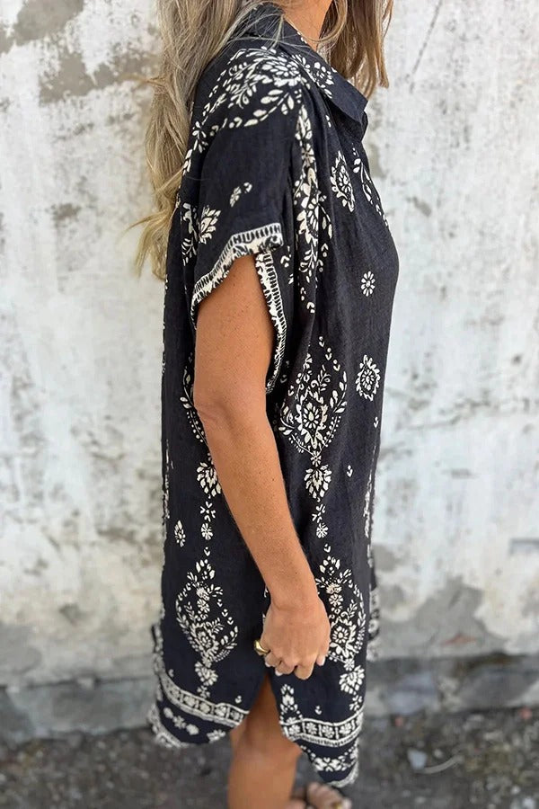 JO | Linen Blend Unique Print Lapel Casual Pocket Mini Dress
