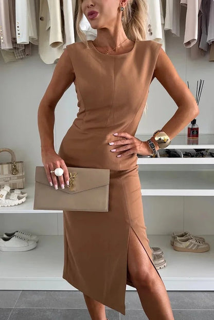 JO | Solid color Round neckline Sleeveless Slim fit midi dress with slit