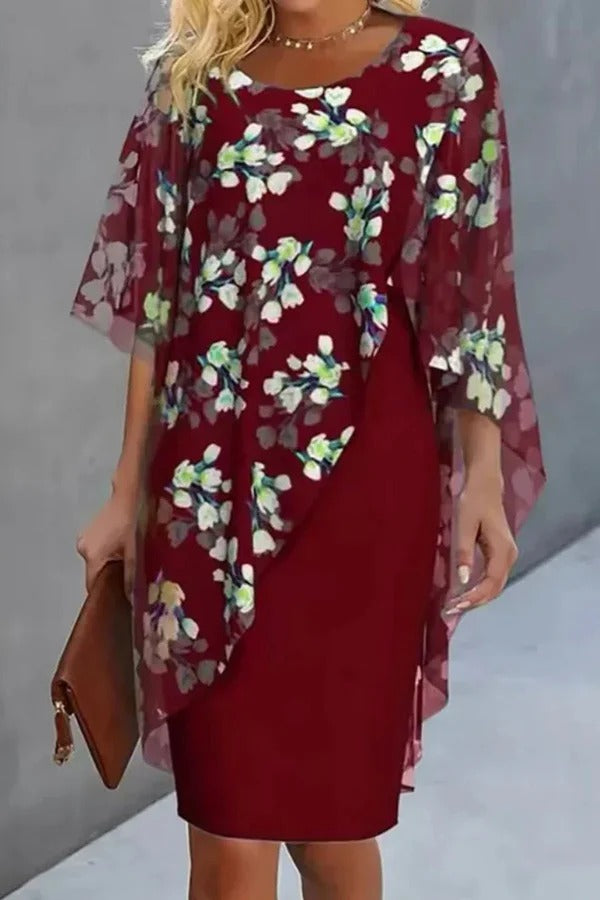 JO | Chiffon Floral Print Round Neck Casual Mini Dress