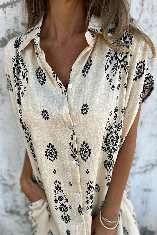 JO | Linen Blend Unique Print Lapel Casual Pocket Mini Dress
