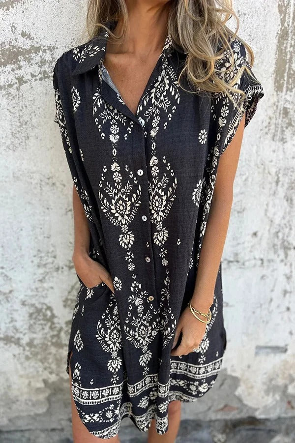 JO | Linen Blend Unique Print Lapel Casual Pocket Mini Dress