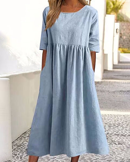 JO | Beach Short Sleeve Round Neck Ruffle Swing Casual Boho Midi Dress with Pockets