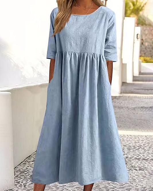 JO | Beach Short Sleeve Round Neck Ruffle Swing Casual Boho Midi Dress with Pockets