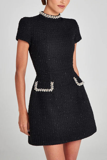 JO | Exquisite and playful tweed fabric beaded short sleeve pocketed mini dress