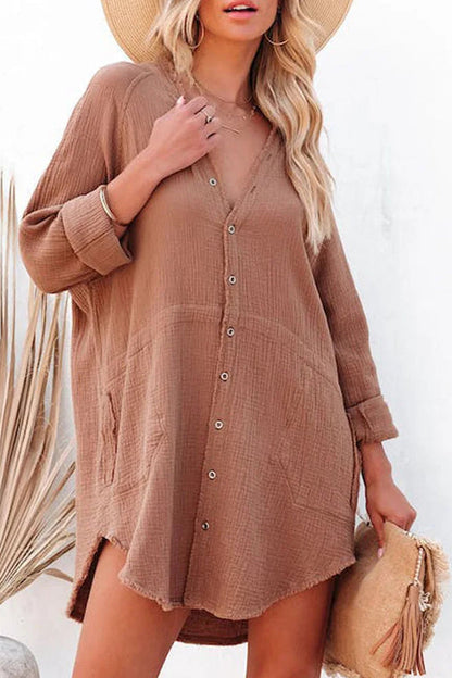 JO | Loose Mid-length Jacket Casual Solid Color Shirt Mini Dress