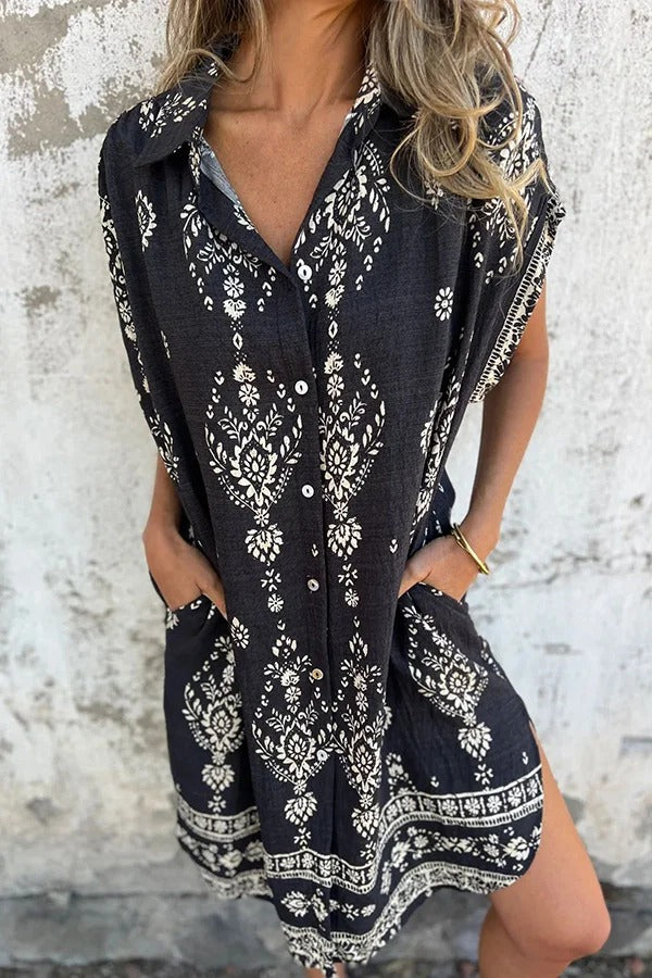JO | Linen Blend Unique Print Lapel Casual Pocket Mini Dress