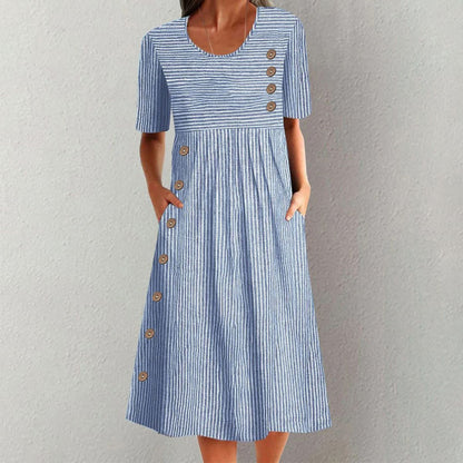 JO | Blue striped short-sleeved midi dress