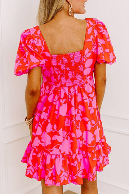 JO | Red Floral Bubble Sleeve Sweetheart Neck Ruffled Mini Dress
