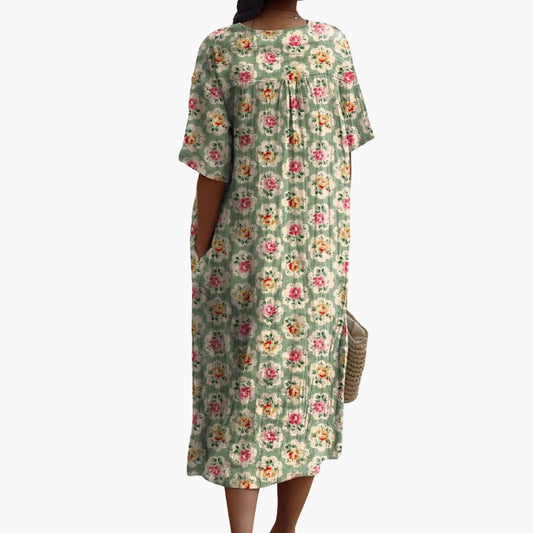 JO | Women's short-sleeved midi dress with floral print V-neckline