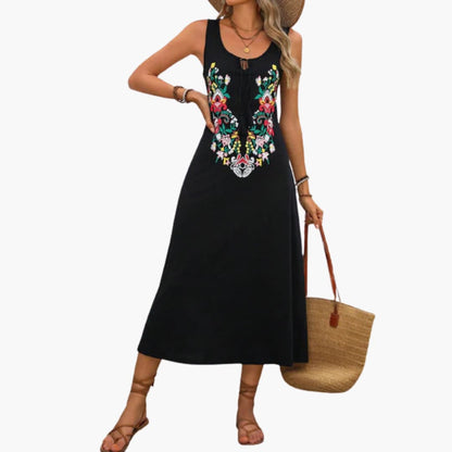 JO | Women's sleeveless midi dress with floral embroidery