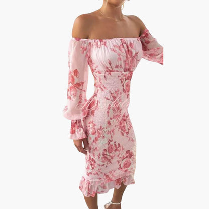 JO | Summery midi dress for women with floral print and sheer sleeves