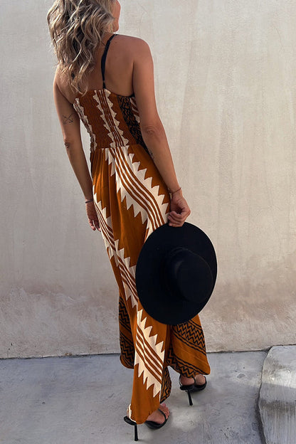JO | Always Falling Satin Ethnic Print Smocked Back Midi Dress