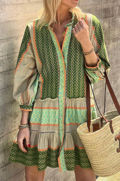 JO | Vacation Style Ethnic Print Button Loose Mini Dress