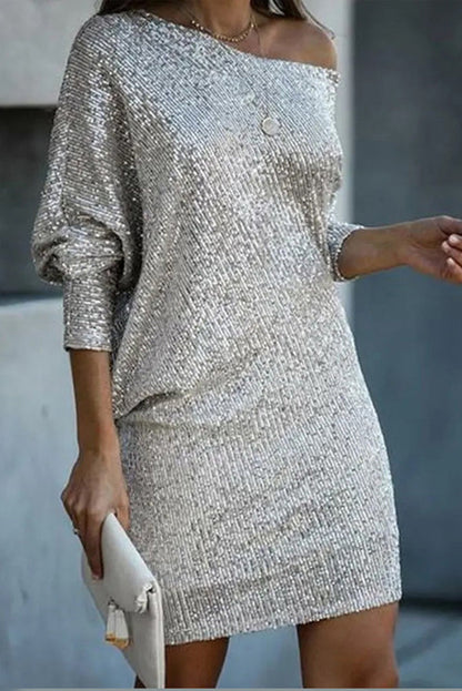 JO | Solid Sequins Off-shoulder Loose Mini Dress
