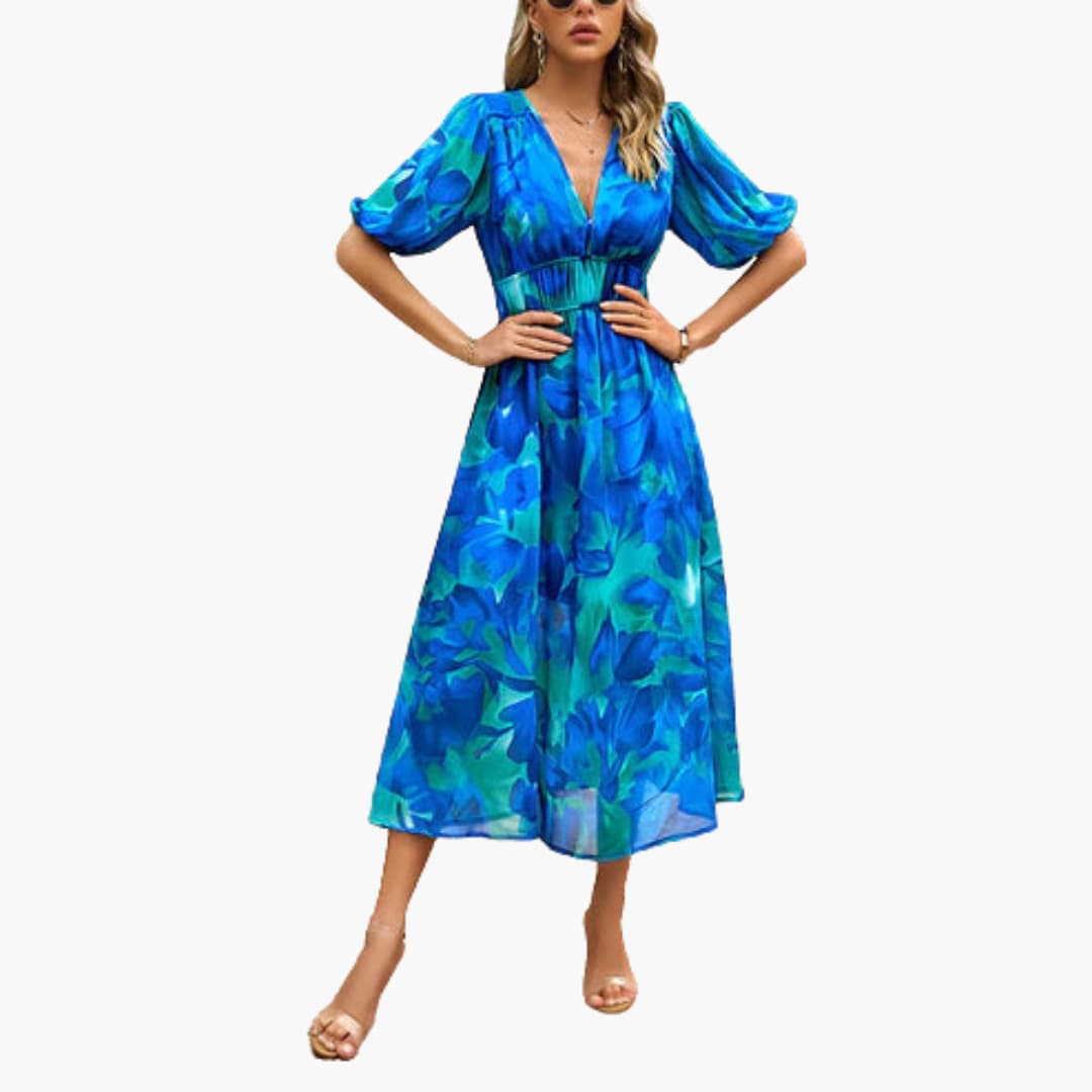 JO | Summery midi dress for women with floral print and lantern sleeves
