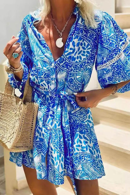 JO | Fashion Stand Up Collar Shift Printed Resort Mini Dress