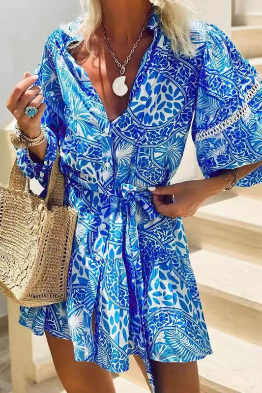JO | Fashion Stand Up Collar Shift Printed Resort Mini Dress