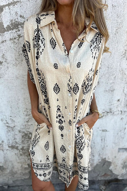 JO | Linen Blend Unique Print Lapel Casual Pocket Mini Dress