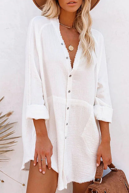 JO | Loose Mid-length Jacket Casual Solid Color Shirt Mini Dress