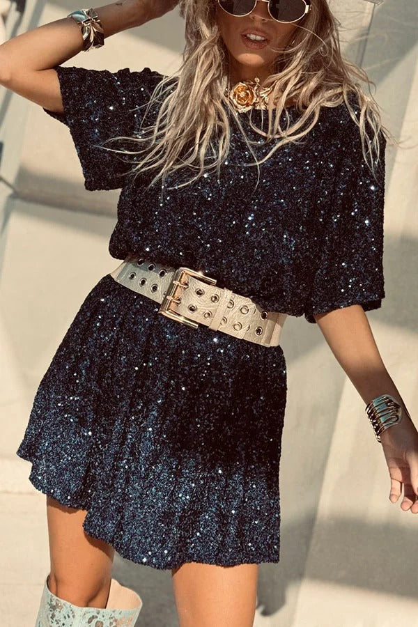 JO | Night Moves sequin fabric short sleeves backless H-line mini dress